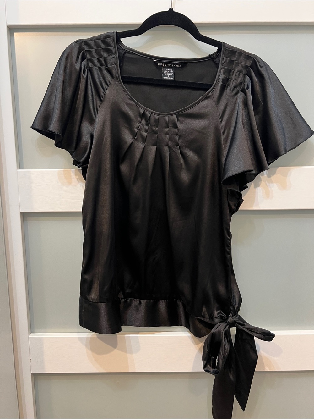 Robert Louis Black Satin Tie-Side Flutter Sleeve Blouse